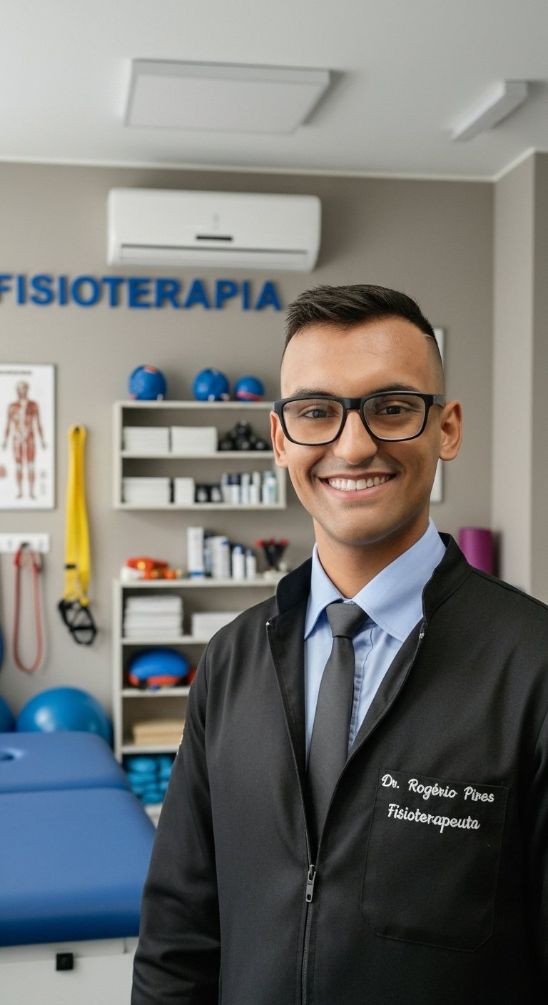 Rogério Pires, fisioterapeuta, sorrindo em seu consultório, de óculos e jaleco preto com o nome bordado